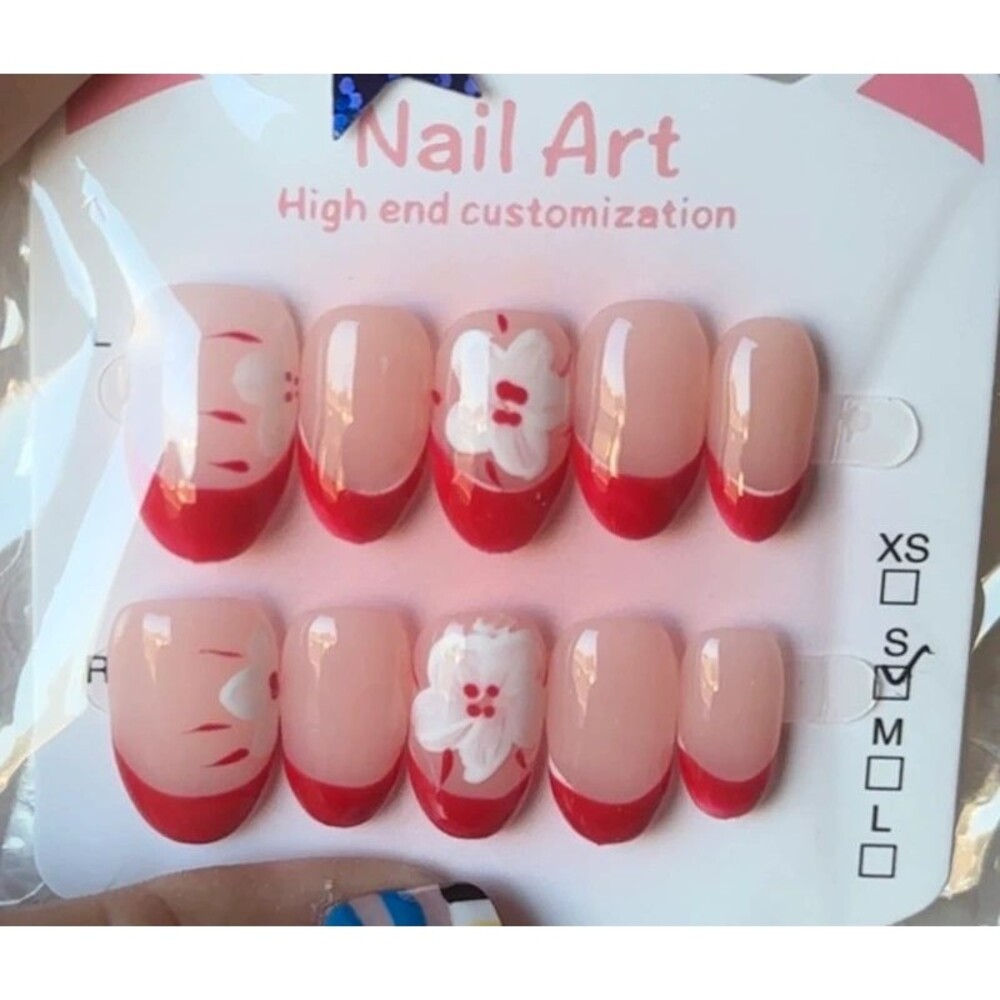 Red/White Flower/French Tip Short Oval Press On Nails Size Small